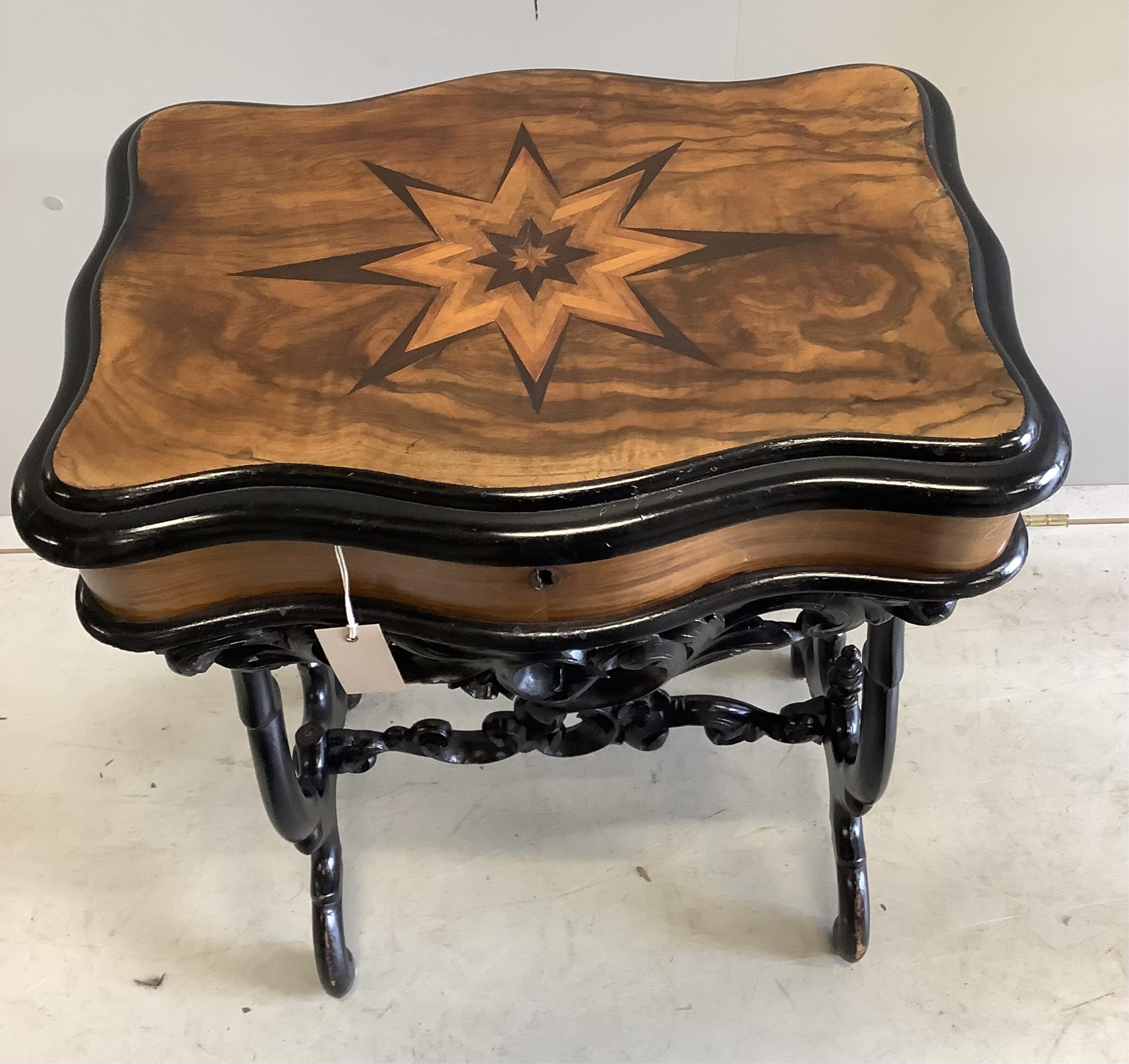 A 19th century French parquetry inlaid ebonsied walnut work table, width 53cm, depth 39cm, height 71cm together with a French walnut side chair. Condition - fair to good